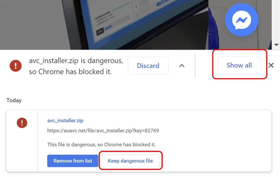 หน้าดาวน์โหลดของ Chrome ที่วงปุ่ม Show all และ Keep dangerous file ไว้