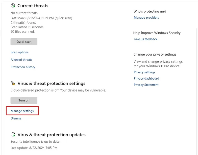 ลิงก์ Manage settings