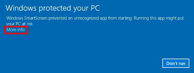 หน้าต่าง Windows protected your PC ที่มีลิงก์ More info