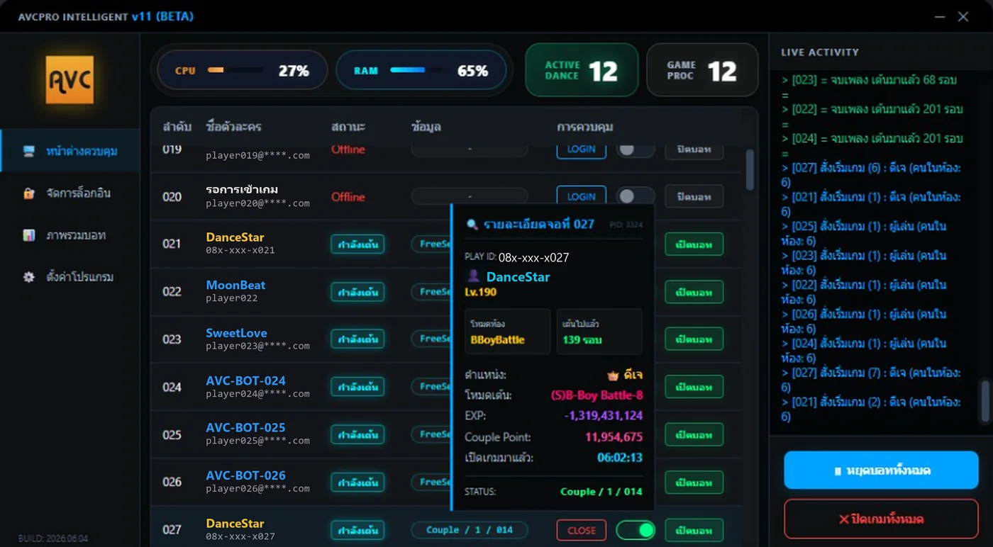 หน้าจอ AvcPro Intelligent v11 Beta แสดงรายการจอเกม สถานะบอท ข้อมูลตัวละคร CPU RAM และ Live Activity